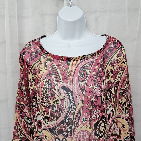 Mirabeau Pink Black Floral Paisley Blouse Peasant Boho Gypsy Festival Sheer L - Picture 2 of 12